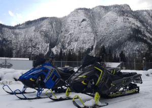 Parked sleds at Peaks Lodge in Revelstoke, BC