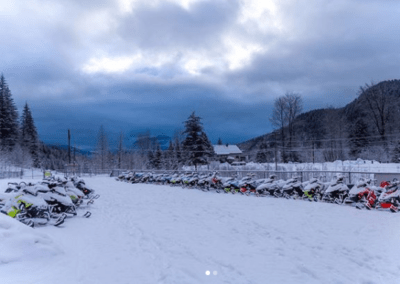 Plenty of snowmobile parking at Peaks Lodge in Revelstoke, BC