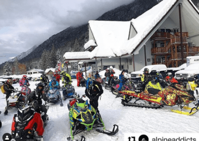 Lots of snowmobiles at Peaks Lodge in Revelstoke, BC