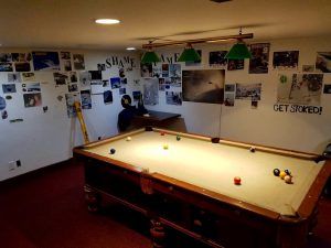 Pool table area at Peaks Lodge in Revelstoke, BC