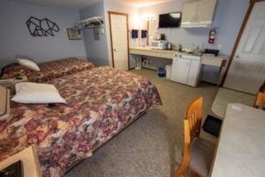 2 beds, fridge, microwave, tv at Peaks Lodge in Revelstoke, BC
