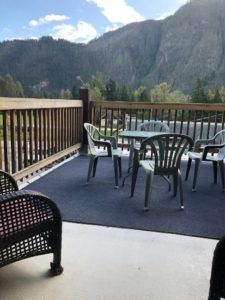 Patio area at Peaks Lodge in Revelstoke, BC