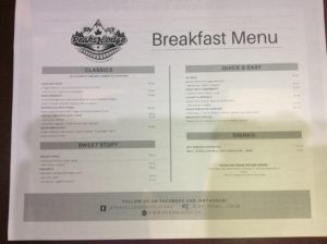 Breakfast menu at Peaks Lodge in Revelstoke, BC
