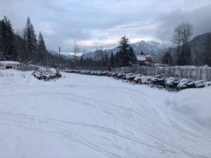 Sled parking at Peaks Lodge in Revelstoke, BC